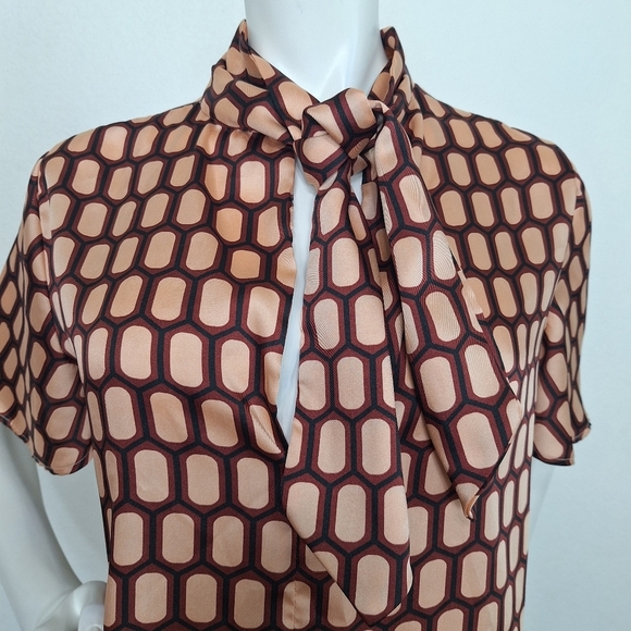 Zara Preppy Geometric Print Silky Business Casual High Neck Bow Tie Blouse Sz.S - Picture 4 of 10